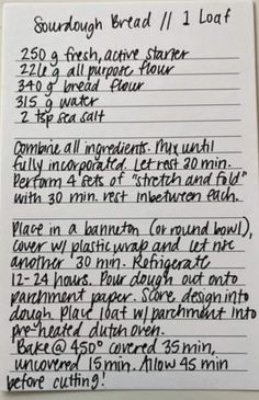 a handwritten recipe for sourdough bread