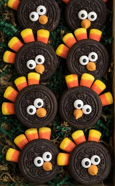 cookies decorated to look like turkeys with oreos and candy eyes in a box