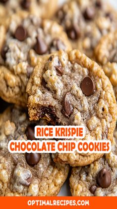 chocolate chip cookies stacked on top of each other with the words rice krispie chocolate chip cookies