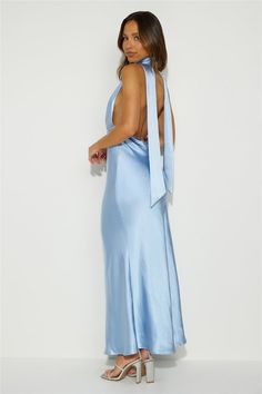 Maxi dress. Semi-lined. Model is a standard XS and is wearing size XS. True to size. Non-stretch fabric. V-neck. Tie-up design. Zipper. Cold hand wash only. Polyester. Hit refresh on your new season wardrobe with the Slip On Class Satin Maxi Dress. Featuring a V-neck and tie-up design. Pair this gorgeous dress with heels and curls for a look we're loving. Hoco 2024, Light Blue Bridesmaid Dresses, Velvet Prom Dress, Black Tie Gala, Party Inspo, Wedding 2025, Bridal Shower Dress, Bach Party, Shower Dresses