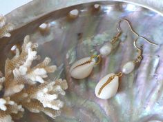 Unique ocean inspired earrings made with gold plated earring hooks, Pearls and cowrie shells. Gold Drop Earrings For Vacation, Gold Dangle Earrings For Beach, Gold Ocean-inspired Beach Earrings, Gold Drop Pearl Earrings For Summer, Beach Pearl Drop Shell Earrings, Shell Pearl Earrings For Beach, Gold Shell As Summer Gift, Beach Shell Pearl Drop Earrings, Gold Dangle Shell For Beach