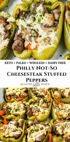 stuffed bell peppers with cheese and other toppings in them on a white plate next to the recipe title