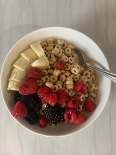 a white bowl filled with cereal and fruit