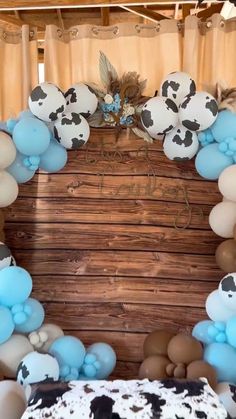 a cow themed party with balloons and streamers in the shape of flowers on a wooden wall