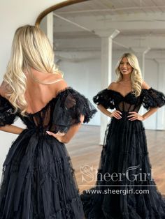 The Off the Shoulder Black See Through Prom Dress Ruffled Tulle Party Dress ARD2906 expertly combines style and functionality. With its off the shoulder, short sleeve design and ruffled tulle material, it offers a sophisticated black look and stylish see through bodice that will make you feel confident and look great. It can be made in other colors,please contact us 1.Silhouette: A Line 2.Fabric: Tulle 3.Embellishment: Ruffles 4.Neckline: Sweetheart Neck 5.Sleeve: Short Sleeves 6.Waistline: Natu Formal Dresses Black, Customized Dress, Short Sleeve Prom Dresses, Black Lace Formal Dress, Tulle Neckline, Hot Prom Dress, Tulle Party Dress, Prom Dresses Black, Prom Dresses Yellow