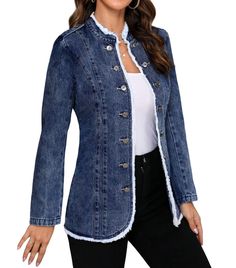 PRICES MAY VARY. Features: No Lined / Double Breasted Can't Be Buttoned / Slim Fit / Plus size Jean jacket/Raw Hem / Frayed Hem / Mid Length / Stand Collar / Long Sleeve / Denim Jacket/Short Trech coat Material: Our women's denim jacket overcoat is made of high-quality fabric, which is soft, cozy, skin-friendly and durable, providing you a very comfortable and impressive experience Style: Mid long denim jacket for women, stand collar mock neck long sleeve denim blazer, frayed fringe jean blazer, Cheap Fitted Outerwear With Hidden Button Closure, Cheap Chic Outerwear With Snap Buttons, Affordable Women's Denim Blazer, Denim Jean Design, Fall 2024 Jackets, Jeans Coat Outfit Jackets, Ladies Jacket Designs, Jeans Jackets For Women, La Roche Posay Retinol