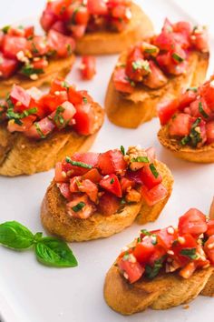 small appetizers with tomatoes and basil on top sit on a white platter