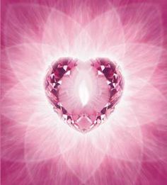 a heart - shaped diamond surrounded by pink petals in front of a purple and white background