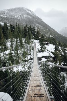 a long suspension bridge in the middle of a snowy mountain area with trees on both sides