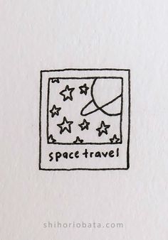 the space travel stamp is drawn in black ink on white paper with stars around it