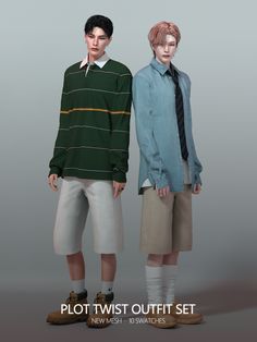 two young men standing next to each other in front of a gray background with the caption plot twist outfit set