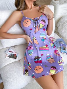 Cartoon Graphic Tie Front Cami Pajama Nightdress Purple Casual-Young  Sleeveless Knitted Fabric Cartoon Slip Dress High Stretch All Women Sleep & Lounge, size features are:Bust: ,Length: ,Sleeve Length: Pjs Women, Sleepwear Women Nightgowns, Silk Pajamas Women, Womens Pjs, Silk Pajama, Purple Collar, Silk Pajama Set, Women's Nightgowns, Silk Pajamas