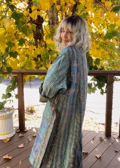 "New style! Same as my plus size jackets but a long version!  One of a kind reversible silk kantha opera length coat made from carefully curated vintage silk kantha shawls  This is a one of a kind designed by Lisa Finkelstein and the jacket in the photo is the exact jacket you will receive.  This is one size and will fit anyone from a size 6 up to size 2X.  Also, you can follow me on Instagram  Look for \" Finkelstein.Lisa\" on Instagram" Fall Bohemian Tunic Kimono, Bohemian Long Kimono For Fall, Long Kimono For Fall Festival, Fall Bohemian Oversized Kimono, Multicolor Long Robe For Fall, Traditional Open Front Fall Kimono, Fall Festival Robe With Kimono Sleeves, Bohemian Long Silk Outerwear, Oversized Bohemian Long Coat