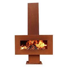 an outdoor fireplace with flames burning in the center and on top of it's stand