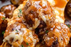 some meatballs covered in cheese and sauce