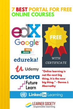 a poster with different courses on it and the words, 7 best portal for free online courses