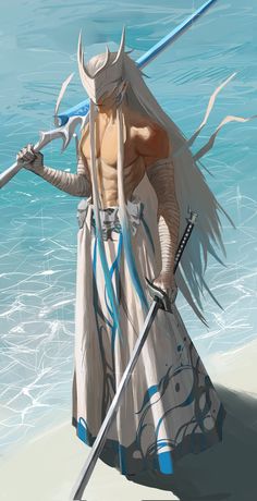 a man with long white hair holding two swords in his hands and standing on the beach