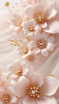 some pink flowers and pearls on a white background