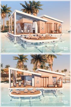 two renderings of a house on the beach with palm trees in the back ground