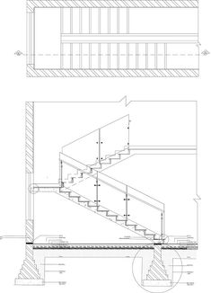 two drawings showing the steps and handrails to an upper floor, below which is a second story