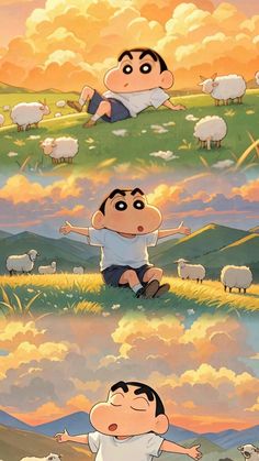 cartoon character sitting on the ground in front of sheep, with caption that says it is