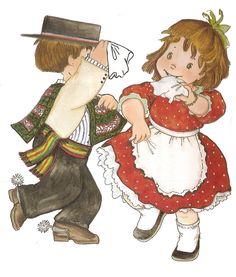 a drawing of two children dressed up in period clothing, one holding the other's hand