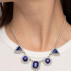 -Royal Blue & Silver Diamond Rhinestone Shapes Necklace -Fashion Jewelry -Medium Length Silver Chain W/ 2in Extender -Small Matching Earrings -Light Weight. -Nickel Free -Boutique New With Tags -Bundle 3+ Pieces For A 10% Discount! Offers Welcome Sapphire Rhinestone Party Necklace, Blue Rhinestone Necklace For Party, Blue Party Necklace With Bling, Red Pendant Necklace, Anthropologie Necklace, Emerald Style, Gold Link Necklace, Beautiful Gold Necklaces, Rhinestone Statement Necklace