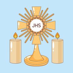 a cross and two candles with the word jhs on it