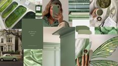 a collage of green and white colors with a car parked in front of it