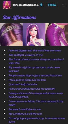 an image of a woman with purple hair and other things in her hand, including the words star affirmations