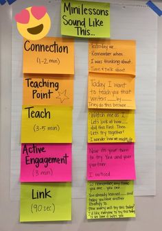 some sticky notes are hanging on a bulletin board with words written in different colors and shapes