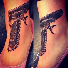 two tattoos on the feet of people with an eagle and crescent moon tattoo above them