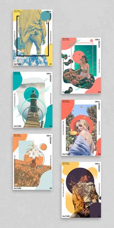 four postcards with an image of people in different colors and shapes, all on one page