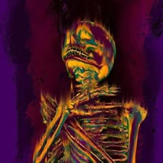 a digital painting of a skeleton in yellow and purple