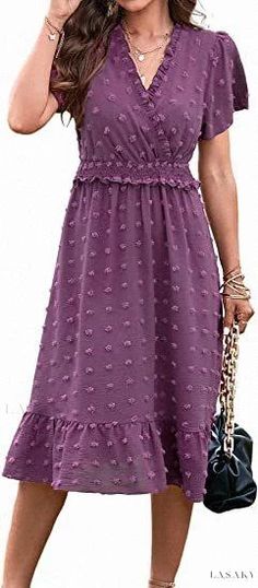 Lasaky - Luxurious Long Dress with Ruffles and a Feminine Touch Midi Summer Dresses, Classy Long Dress, Ruffle Long Dress, Wear Black Dresses, Swiss Dot Dress, Beautiful Long Dresses, Deep V Neck Dress, Burnt Orange Dress, Purple Midi Dress