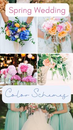 the color scheme for this spring wedding is blue, pink and yellow with flowers in vases