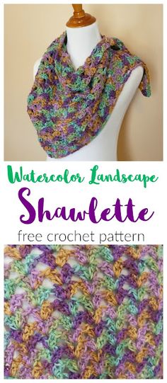 two pictures with the words watercolor landscape shawlette free crochet pattern on them