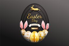 an easter egg with bunny ears on it and the words happy easter day written in gold