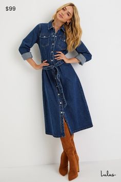 Denim is always an iconic choice, so elevate your seasonal wardrobe with the Lulus Edgy Instinct Dark Wash Denim Long Sleeve Midi Dress! Sturdy cotton denim shapes this undeniably cool dress that has long sleeves with snap-button cuffs and a collared neckline. Bodice boasts two flap pockets with snap closures and a full snap button placket at front. Waist features belt loops and a removable sash belt, atop a column-style skirt that ends at a midi hem. Fit: This garment fits true to size. Length: Denim Winter Dress, Dark Wash Cotton Denim Dress For Fall, Indigo Cotton Denim Dress For Fall, Blue Denim Winter Dress, Medium Wash Denim Dress For Fall, Fall Medium Wash Denim Dress, Relaxed Fit Denim Dresses For Fall, Winter Denim Dress For Work, Indigo Denim Dress For Workwear In Fall