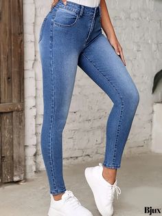 Bjux - Womens Blue High Stretch Skinny Jeans: Slim-Fit with Slant Pockets, Stylish Denim Clothing for a Contemporary Look Casual Medium Wash Slim Fit Jeggings, Casual Slim Denim Jeggings, Fitted Denim Jeggings For Summer, Casual Slim Fit Denim Jeggings, Jeans Outfit Women, Woman Jeans, Heels Sneakers, Womens Fashion Jeans, Jeans High Waist