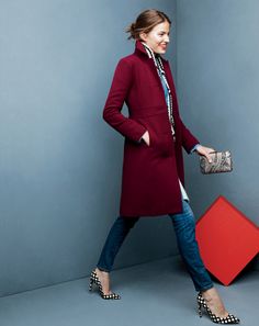 Double-cloth Lady day with Thinsulate® coat, toothpick jean in lewiston wash and the metallic paisley jacquard Minaudiére Wine Coat Outfit, Lady Day Coat, J Crew Style, Coat Outfit, Red Coat, Coat Outfits, Ladies Day, The Professional, Look Fashion