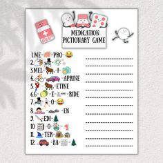 a printable medical game for kids with pictures and words on the front, in white