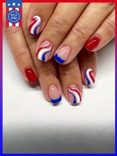 Multicolor  Collar   Color combinado,Geométrico,A rayas Uñas de Color Embellished Girly 4th Of July Nails, French With Color Nails, 4yh Of July Nails, Easy Patriotic Nails, Square 4th Of July Nails, Fourth Of July Nails Square, Fourth Nails, Forth Of July Nails, Nails Patriotic