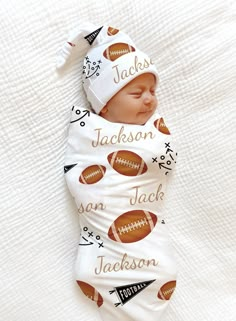 "Football Baby Name Blanket, Baby Boy Swaddle Personalized Shower Gift Sports Baby Boy Coming Home Outfit Hospital Photo Prop Swaddle Hat Set 🌿In addition to feeling great against your child's skin, our blankets are professionally printed for lasting durability over time. Featuring buttery soft fabrics and the perfect amount of structure and stretch, our pieces are literally what dreams are made of. * * * Customize your Set! Items sold separately. Add each desired item to your cart to make your Sports Themed Nursery For Boys, Baby Boy Announcement Outfit, Football Nursery Baby Boy, Football Nursery Theme, Sports Baby Shower Theme For Boys, Football Themed Nursery, Hospital Outfit For Baby Boy, Baby Boy Hospital Pictures, Football Theme Nursery