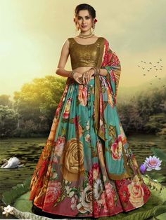 Multicolour Organza Festive Lehenga Choli - inddus-us Floral Organza Lehenga, Gold Lehenga, Indian Wedding Lehenga, Printed Lehenga, Floral Lehenga, Organza Lehenga, Bollywood Lehenga, Organza Blouse, Lehenga Online