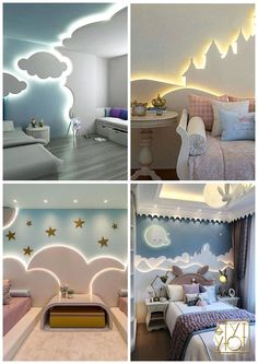 four different pictures of a bedroom with stars and clouds on the wall, ceiling lights