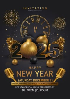 new year's eve party flyer with gold and black decorations on a dark background