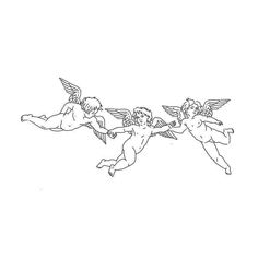 two cherubs flying in the sky with their wings spread out, and one is holding