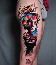 a man's leg with a colorful tattoo on it that has an image of a woman