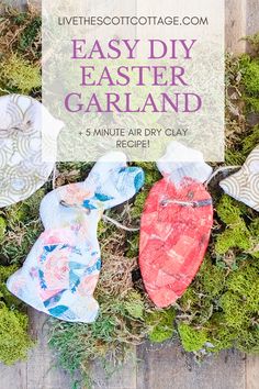 an easy diy easter garland made out of fabric and moss with text overlay